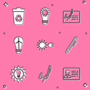 Set Recycle bin with recycle, Solar energy panel, Signed document, Light bulb Stock Illustration