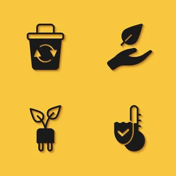 Set Recycle bin, Thermometer, Electric saving plug leaf and Leaf hand icon wi Stock Illustration