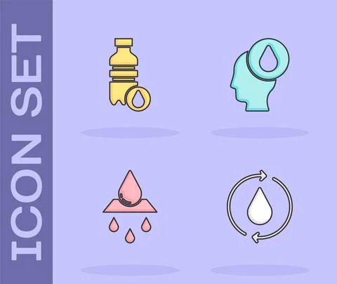 Set Recycle clean aqua, Bottle of water, and Water drop icon. Vector Stock Illustration