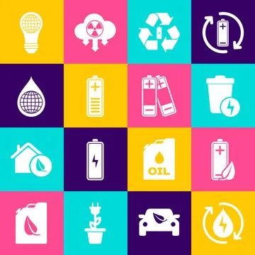 Set Recycle clean aqua, Eco nature leaf and battery, Lightning with trash can Stock Illustration