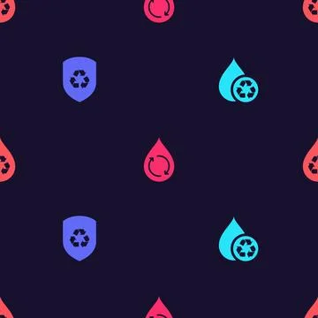 Set Recycle clean aqua, inside shield, and on seamless pattern. Vector Stock Illustration