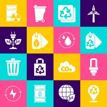 Set Recycle, LED light bulb, Tag with recycle, leaf, Electric saving plug i.. Stock-Illustration