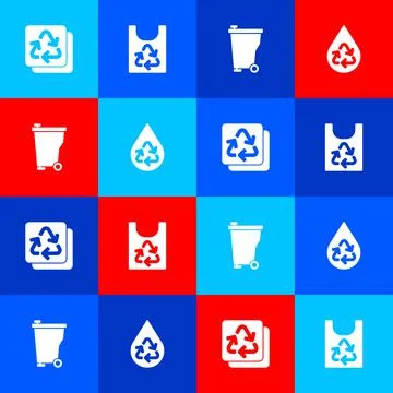 Set Recycle, Plastic bag with recycle, Trash can and clean aqua icon. Vector Stock Illustration
