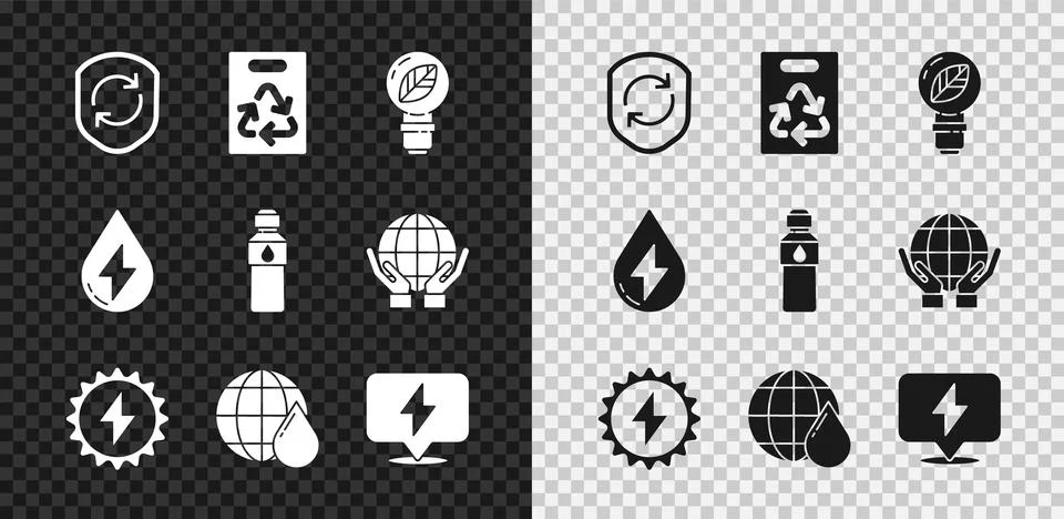 Set Recycle symbol inside shield, Paper bag with recycle, Light bulb leaf, Solar Stock Illustration