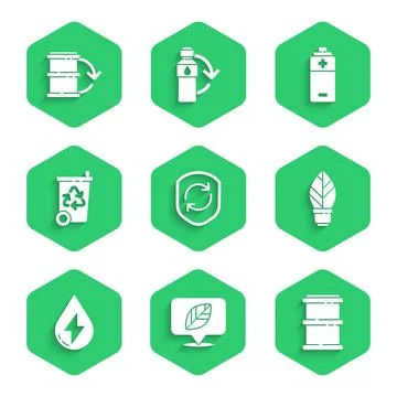 Set Recycle symbol inside shield, Location with leaf, Barrel, Light bulb, Water Stock Illustration