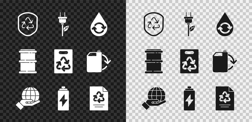 Set Recycle symbol inside shield, Electric saving plug leaf, clean aqua, Hand Stock Illustration