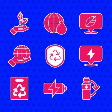 Set Recycle symbol inside shield, Battery, Recycling plastic bottle, Lightning Stock Illustration