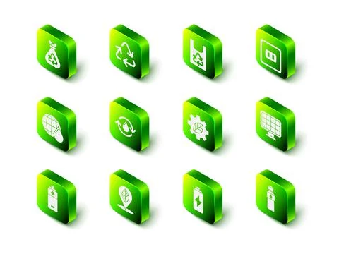 Set Recycle symbol, Plastic bag with recycle, Electrical outlet, Solar energy Stock Illustration