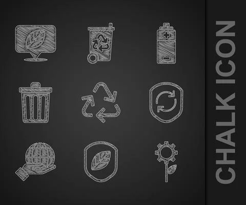 Set Recycle symbol, Shield with leaf, Leaf plant in gear machine, inside shield Stock Illustration