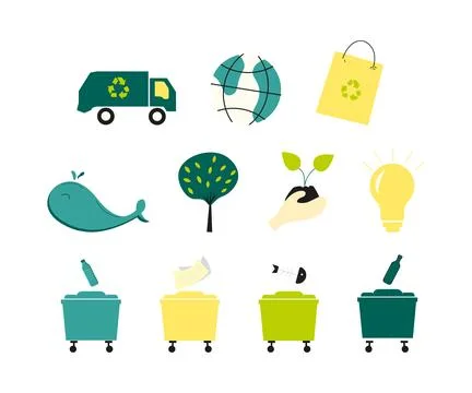 Set of recycling items included garbage truck, paper bag, tree, plant, bulb.. Stock Illustration