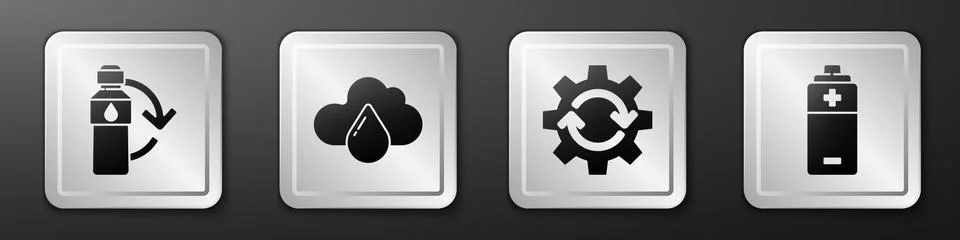 Set Recycling plastic bottle, Cloud with rain, Gear and arrows as workflow and Stock Illustration