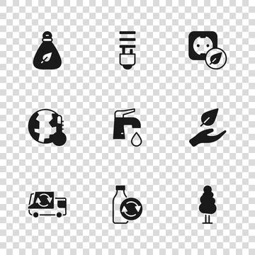 Set Recycling plastic bottle, Leaf hand, Tree, Water tap, Electrical outlet.. Stock Illustration