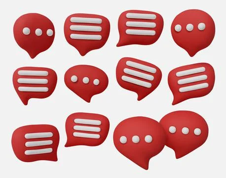 Set of red 3D chat bubbles with text symbols, perfect for messaging, social Illustrazione stock