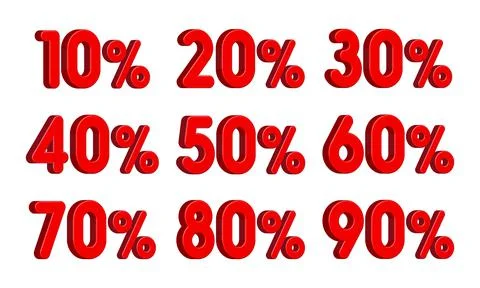 Set of Red 3D Discount Numbers with Percentages Stock Illustration