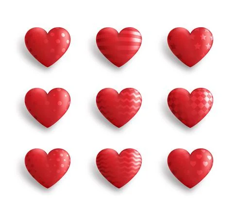 Set of red 3D hearts with different patterns isolated on white background Stock Illustration