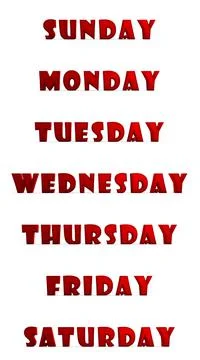 A set of red 3d inscriptions of the days of the week. Rendering. Stock-Illustration