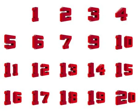 Set of red 3d numbers from 1 to 20. Rendering. Stock Illustration