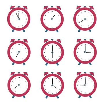 Set of red alarm clocks. Vector illustration in flat style isolated on white Illustrazione stock