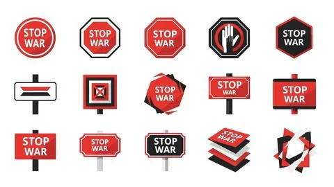 Set of red and black stop war protest sign vector icons. Stock Illustration