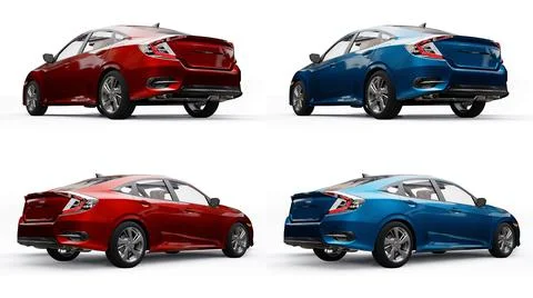 Set Red and Blue mid-size urban family sedan on a white uniform background. Illustrazione stock