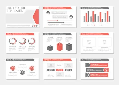 Set of red and gray template for multipurpose presentation slides with graphs Stock Illustration