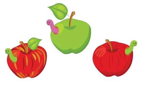 Set of red and green apples with smiling worms. Vector illustration in cart.. Stock Illustration