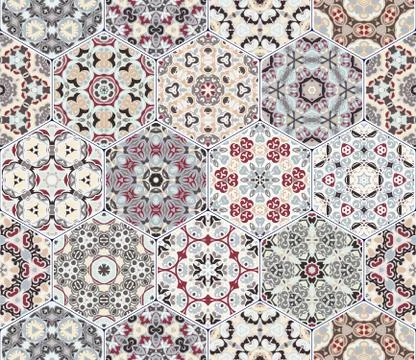 Set from red and grey hexagonal patterned tiles. 스톡 일러스트