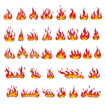 Set of red and orange fire flame. Collection of hot flaming element. Idea of  Stock Illustration