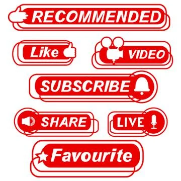 Set of red and white buttons for social media - Like, share, recommended, sub Stock Illustration