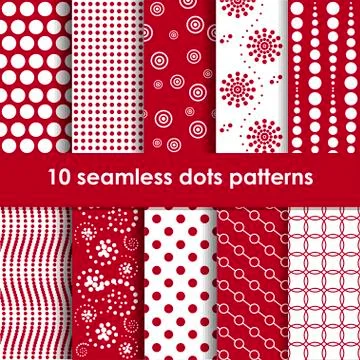 Set of red and white seamless patterns with dots Stock Illustration