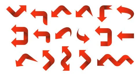 Set red arrow 3D icons pointing up down left right. Vector Illustrazione stock