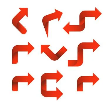 Set red arrow 3D icons pointing up down left right. Vector Illustrazione stock