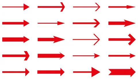 Set of red arrows collection in various shapes, vector illustration. Stock Illustration