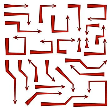 Set of red arrows pointers with sharp straight angular turns isolated on white Stock Illustration