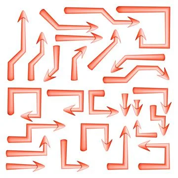 Set of red arrows pointers with sharp straight angular turns isolated on whit Stock Illustration