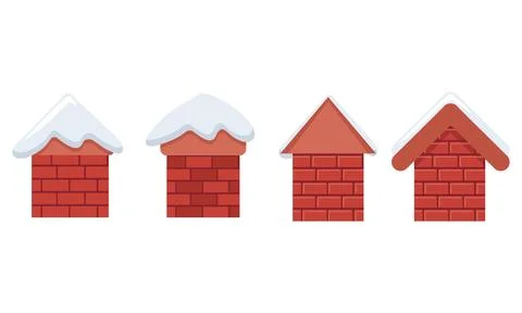 Set of Red Brick Chimney and Roof Top Icons with White Snow Covering Stock Illustration