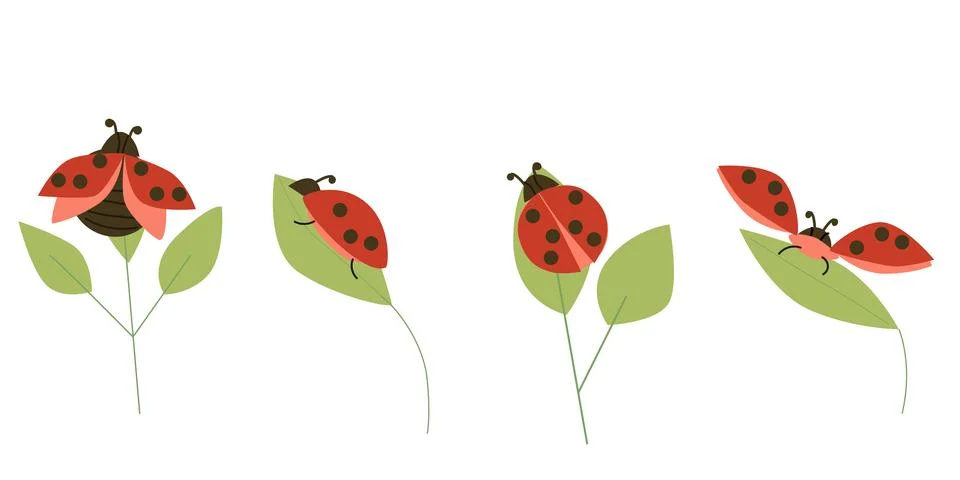 Set of red bugs and beetles on green leaves Illustrazione stock