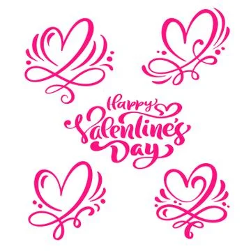 Set of red Calligraphy text Happy Valentines Day and hearts. Vector Valentines Stock Illustration
