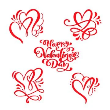 Set of red Calligraphy text Happy Valentines Day and hearts. Vector Valentines Stock Illustration