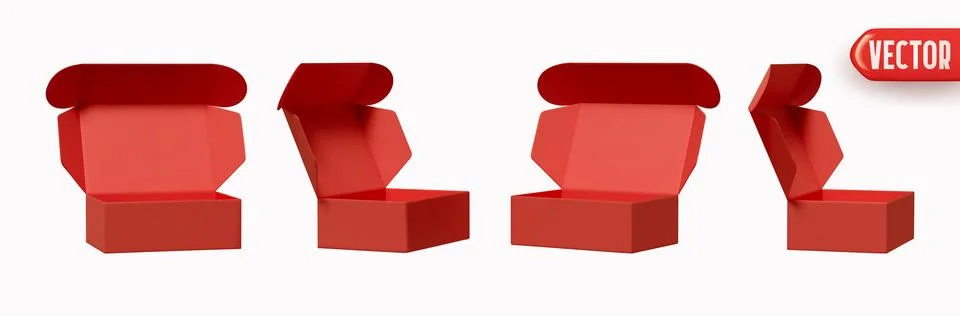 Set of red cardboard open boxes realistic 3d design isolated on white backg.. Illustrazione stock