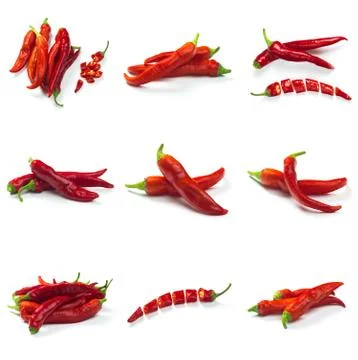Set of red chili pepper isolate on white with clipping path Foto stock