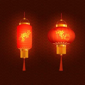 Set of red Chinese lanterns. Round and cylindrical shape. In openwork backg.. Stock Illustration
