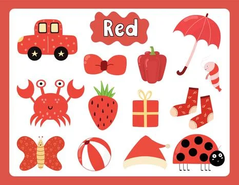 Set of red color objects. Primary colors flashcard with red elements Stock Illustration