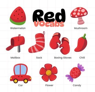 Set of red color objects vocabulary collection, Learning colors for kids. W.. Stock Illustration