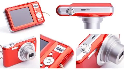 Set of red compact zoom digital camera over white Stock Photos