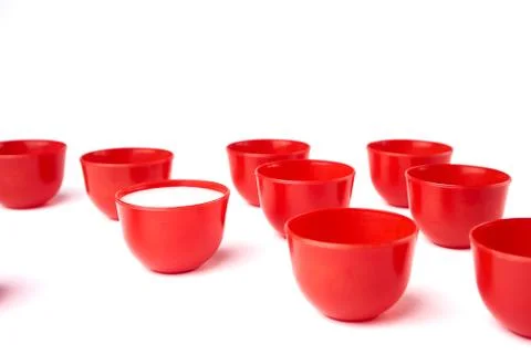 Set of Red cups on table isolated on white background Stock Photos