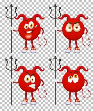 Set of Red Devil cartoon character with facial expression on transparent back Stock Illustration