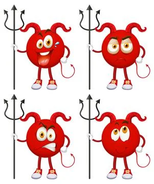 Set of Red Devil cartoon character with facial expression on white background Stock Illustration