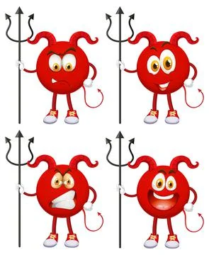 Set of Red Devil cartoon character with facial expression on white background Stock Illustration