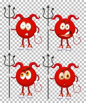 Set of Red Devil cartoon character with facial expression on grid background Stock Illustration